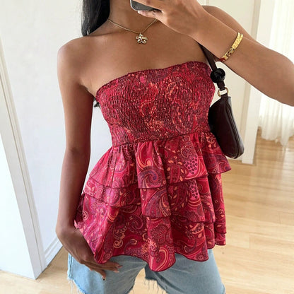 European And American-style Multi-layer Ruffled Strapless Top For Women