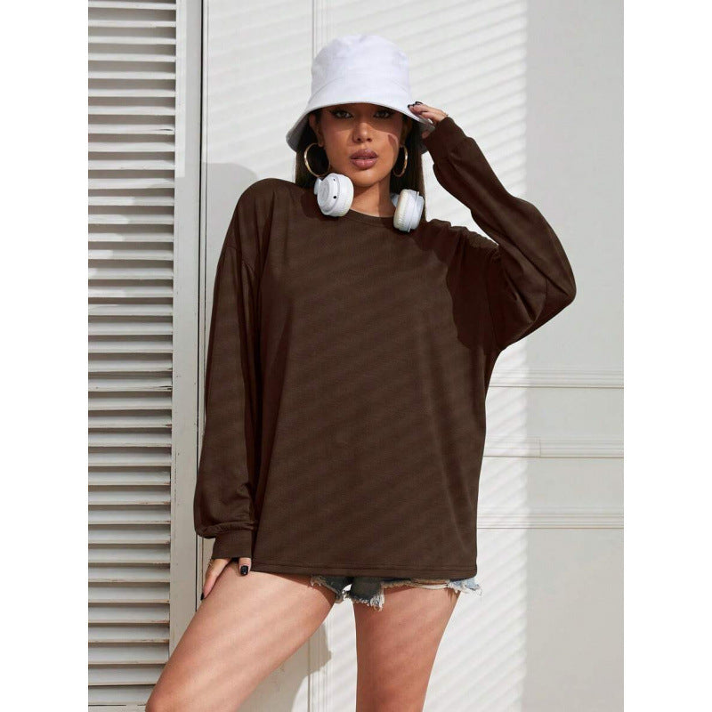 Womens Loose-Fit Solid-Color Plus-Size Long-Sleeve T-Shirt