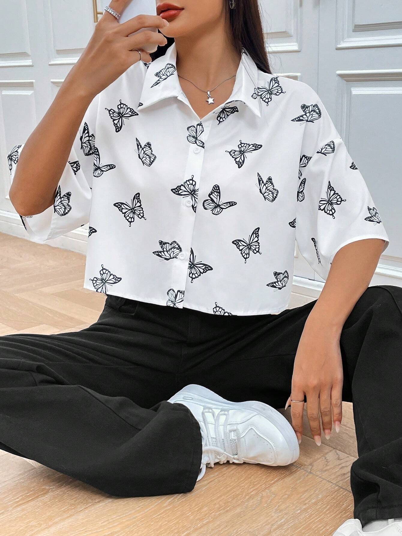 Women's Clothing Amazon TEMU Fashion Printed Short-sleeved Niche Butterfly Printed Shirt Women's Clothing