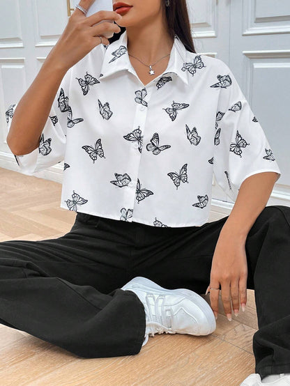 Women's Clothing Amazon TEMU Fashion Printed Short-sleeved Niche Butterfly Printed Shirt Women's Clothing