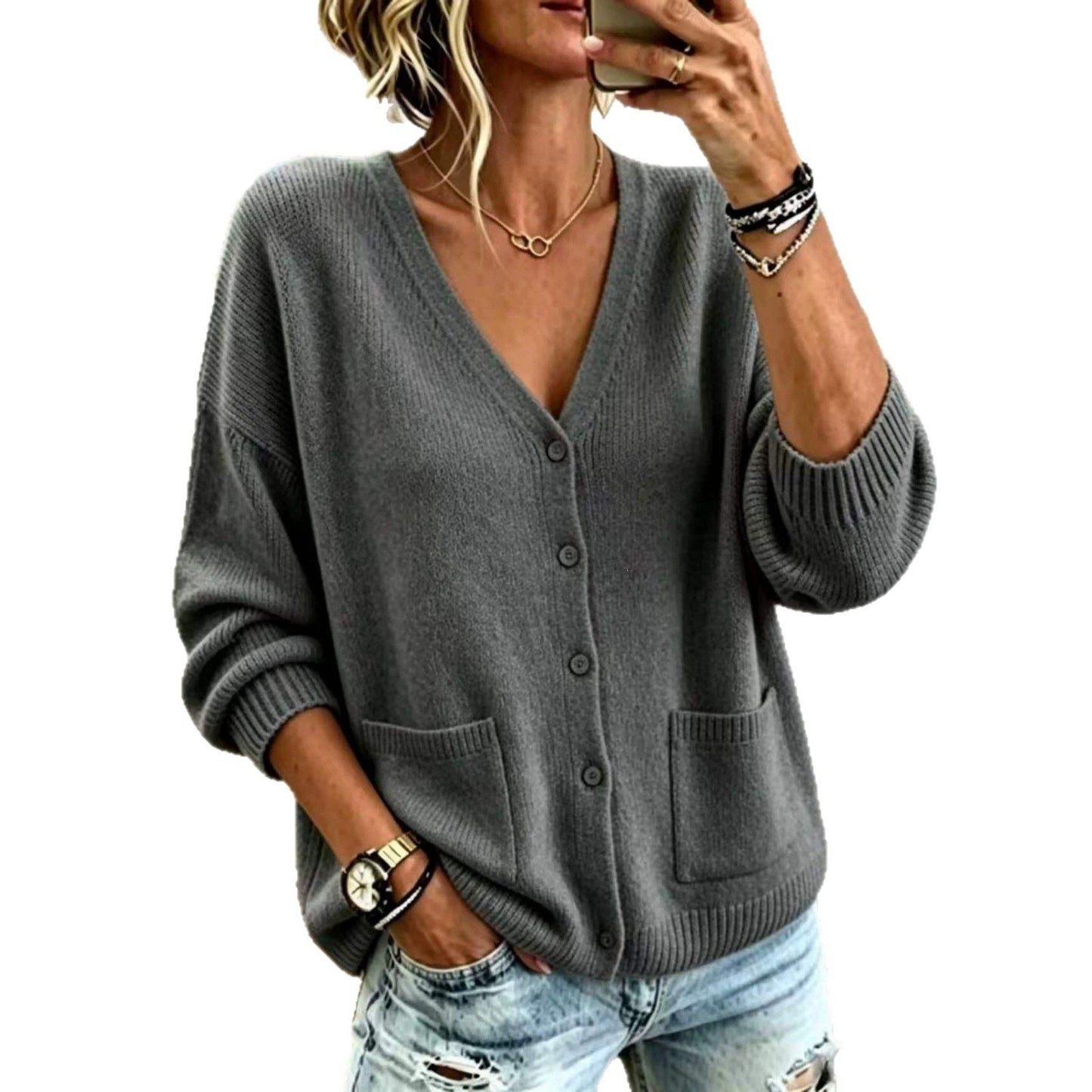Solid-color Drop-shoulder Long-sleeve Soft Sweater