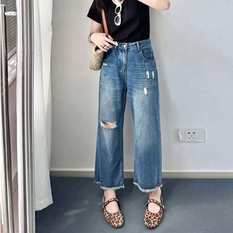 Comfortable Casual Washed Versatile Blue Capri-length Jeans For Outerwear