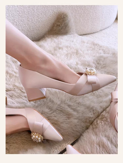 Women Romantic Bridal Glossy Satin Block Heel Pumps, Pointed Toe Bow Pearl Crystal Cluster Decor Slip On Elegant Mid Heel Wedding Banquet Formal Dress Shoes Champagne Nude