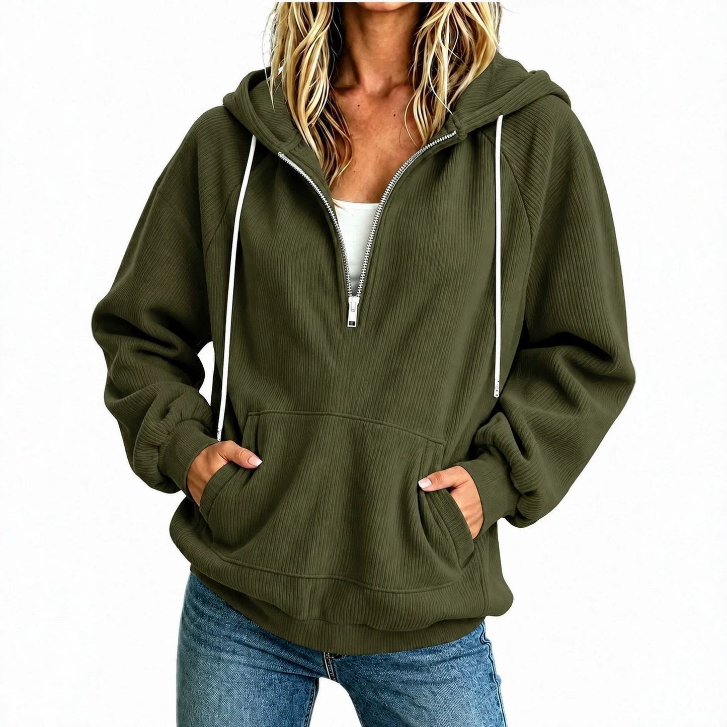 Womens Loose-fit Long-sleeve Half-zip Hooded Sweatshirt
