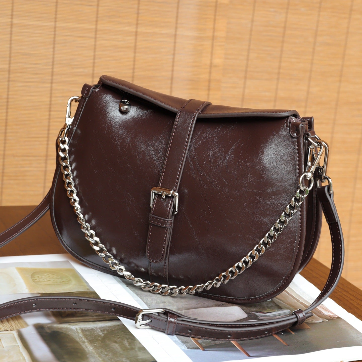 Cross-border Top-layer Genuine Leather Saddle Bag, Versatile And High-end Feeling, Women's Fashion Simple Shoulder Chain Underarm Bag