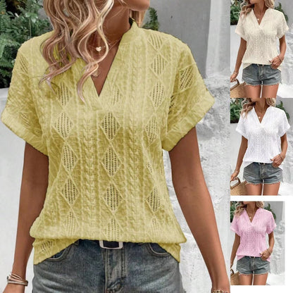 European And American Cross-Border Summer New Casual Hollow Jacquard V-Neck Loose Short-Sleeved Shirt For Women