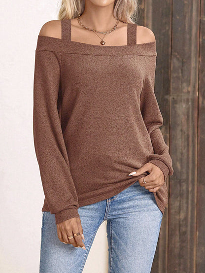 Women's Clothing Amazon Spring And Summer Long-sleeved T-shirt Fashion One-word Collar Shoulder Solid Color Top T-shirt