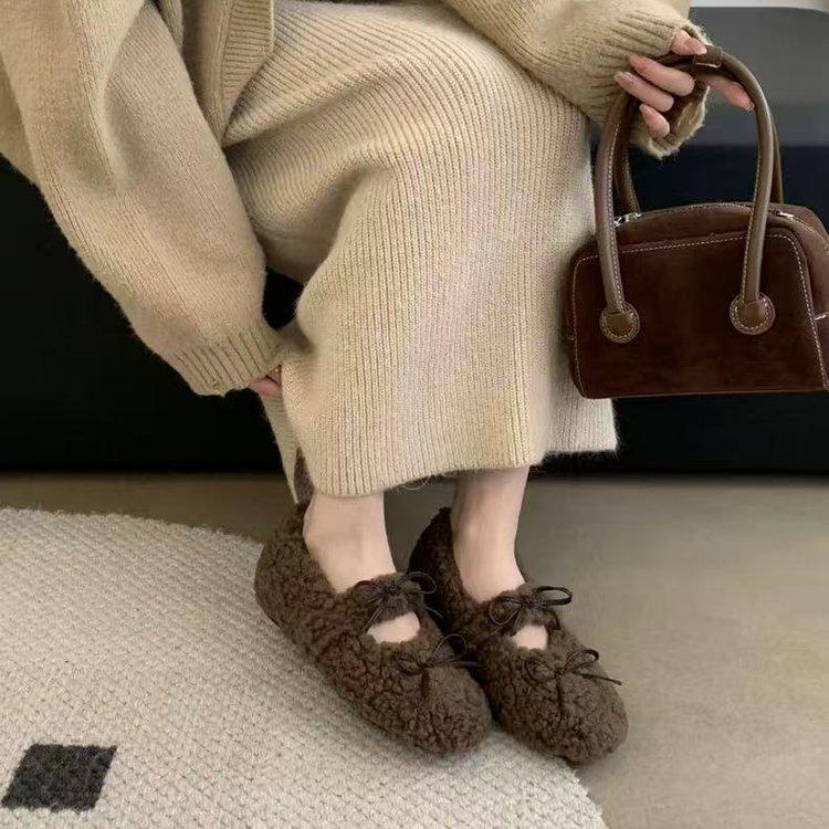 Women's French Mary Jane Shoes With Fluffy Bean Shoes And Flat Sole Shoes