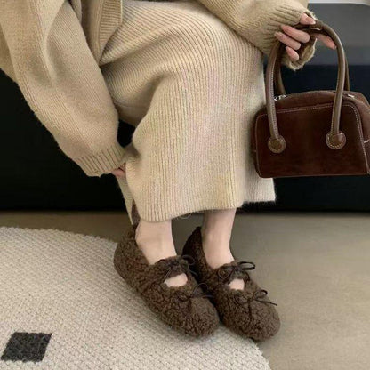 Women's French Mary Jane Shoes With Fluffy Bean Shoes And Flat Sole Shoes
