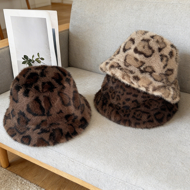 Winter And Autumn Melamine Color Leopard Print Plush Round-brimmed Fishing Hat, Soft And Fluffy Wide Brimmed, Warm And Protective Against The Cold