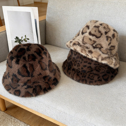 Winter And Autumn Melamine Color Leopard Print Plush Round-brimmed Fishing Hat, Soft And Fluffy Wide Brimmed, Warm And Protective Against The Cold