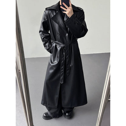 Men's Double-Breasted Leather Long Trench Coat