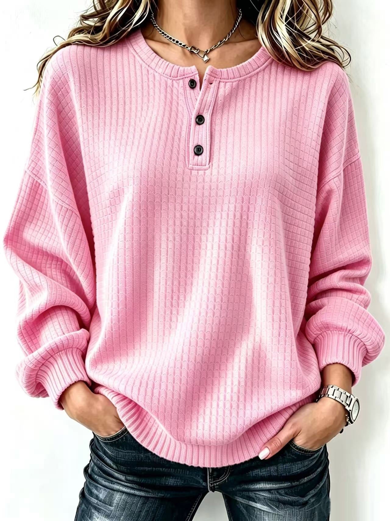 Womens Plaid Casual Loose-fit Crew-neck Long-sleeve Sweatshirt With Buttons