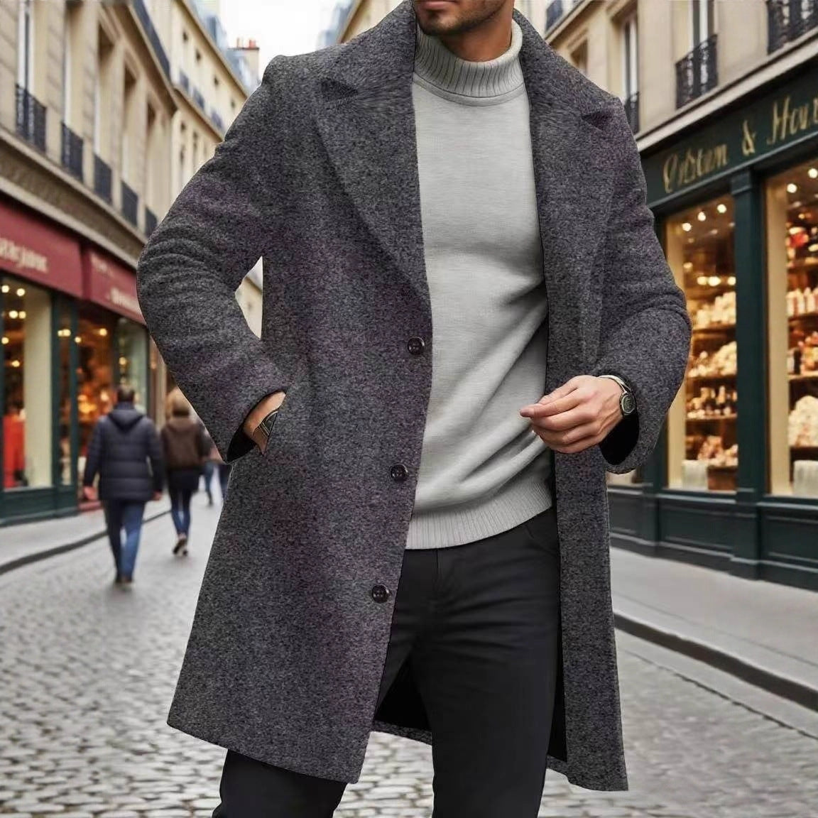 Trench Coat Notched Lapel Slim-fit Overcoat Elegant And Sophisticated Solid-color Trench