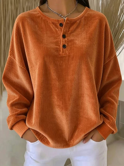 Women's Loose-fitting Round-neck Solid-color Button Sweatshirt