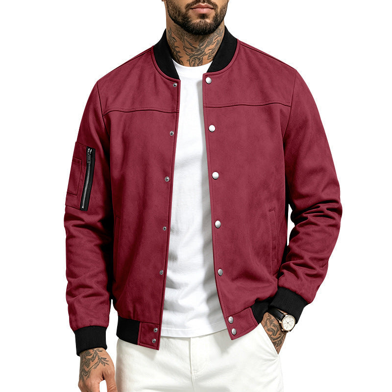 Mens Suede-Blend Casual Sporty Stand-Neck Jacket With Buttons