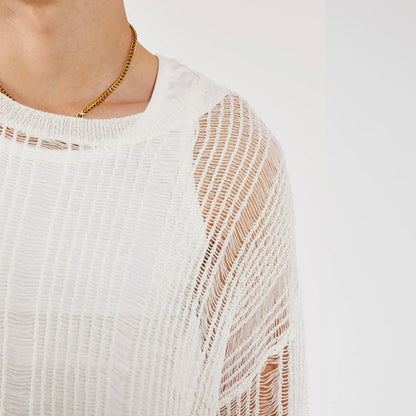 Mens Hollow-out Slightly Sheer Long-sleeve Top