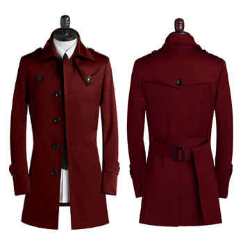 Men's Lapel Trench Coat Korean Version Slim Single Breasted Medium Length