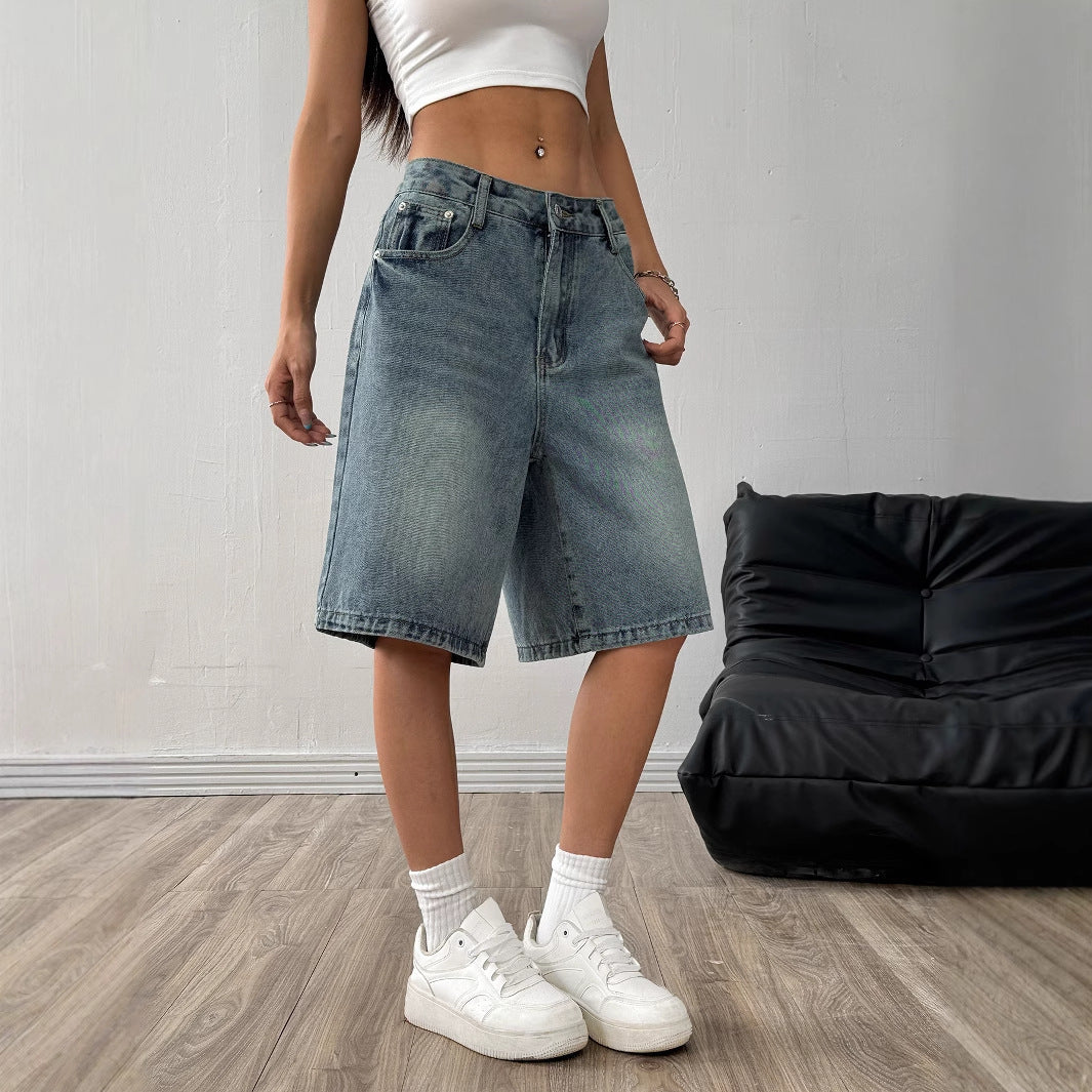 Womens Loose-Fit Casual Wide-Leg Denim Shorts