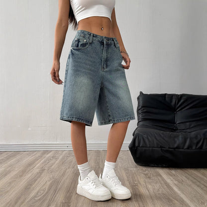 Womens Loose-Fit Casual Wide-Leg Denim Shorts