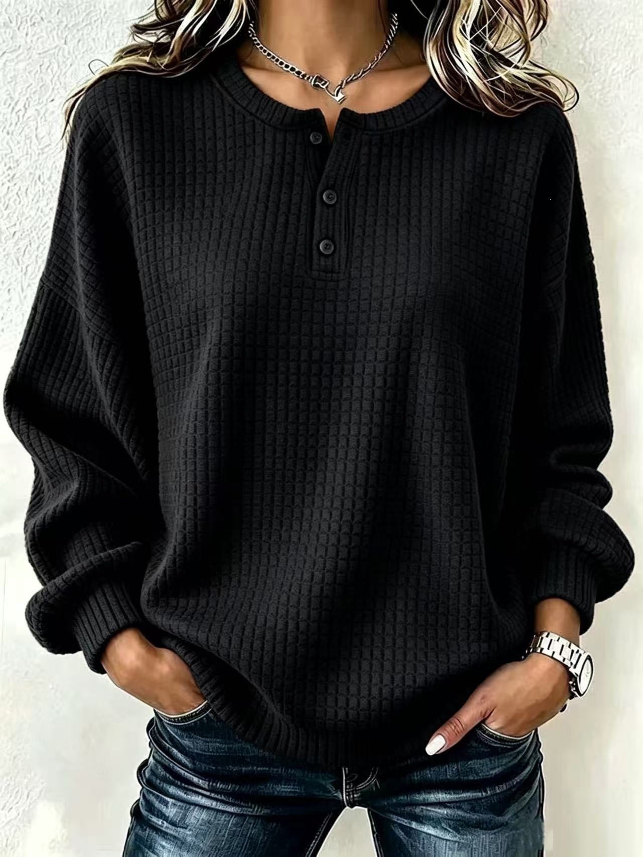 Womens Plaid Casual Loose-fit Crew-neck Long-sleeve Sweatshirt With Buttons