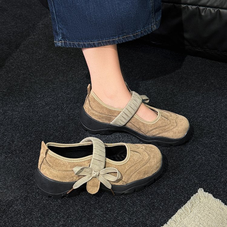 Women's High Wedge Platform Pumps, Soft Leather Single Strap Sporty Mary Jane Shoes With Bow, Shallow Mouth Flats