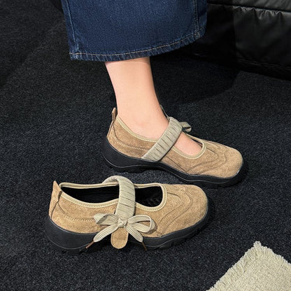 Women's High Wedge Platform Pumps, Soft Leather Single Strap Sporty Mary Jane Shoes With Bow, Shallow Mouth Flats