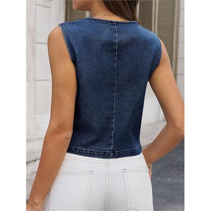Womens Buttoned Denim Vest Top Fashionable Summer Casual V-Neck Single-Piece Waistcoat