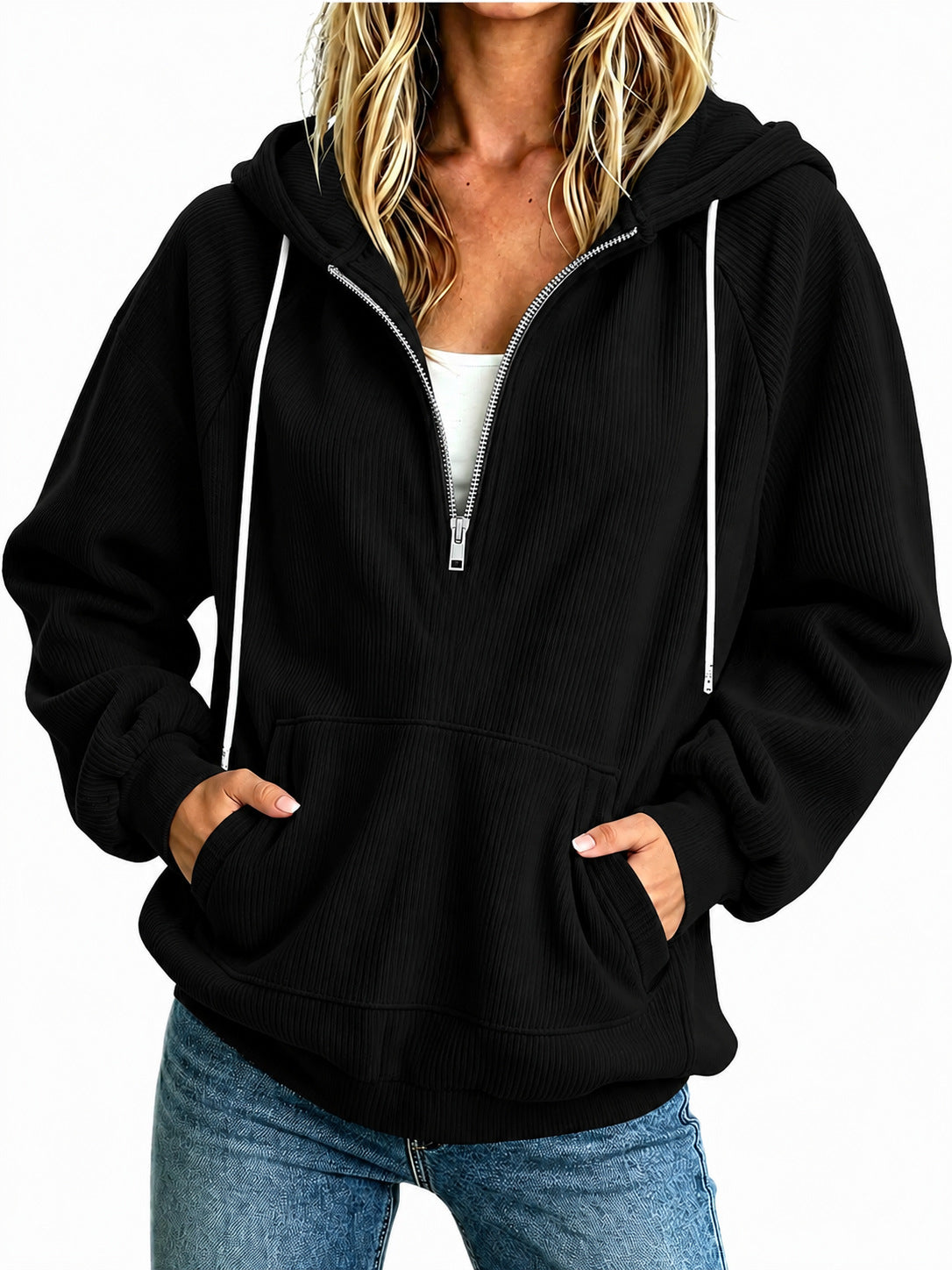 2026 Autumn New European And American Women's Half Zipper Hoodie Loose Long Sleeve Drawstring Casual Top