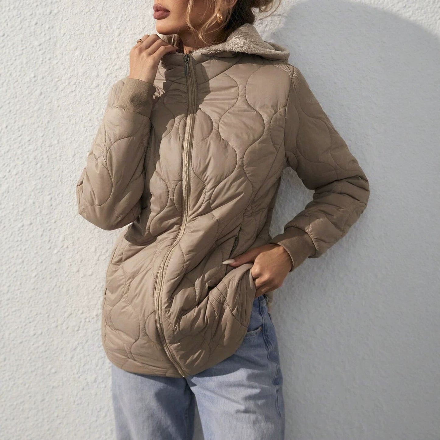Womens Mid-Length Hooded Padded Coat With Fleece Lining