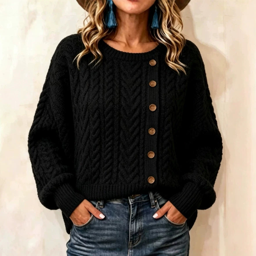 Womens Knitted Casual Comfortable Long-Sleeve T-Shirt With Buttons