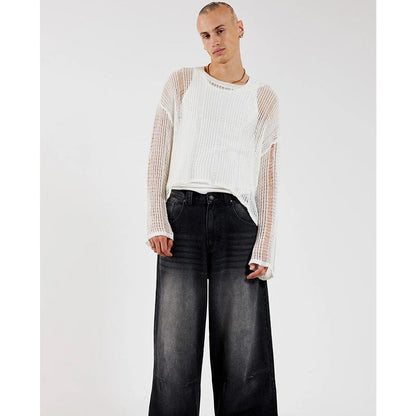 Mens Hollow-out Slightly Sheer Long-sleeve Top