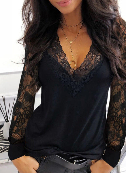 2026 Autumn New European And American Women's Sexy Lace Splicing V-neck Perspective Long Sleeve T-shirt