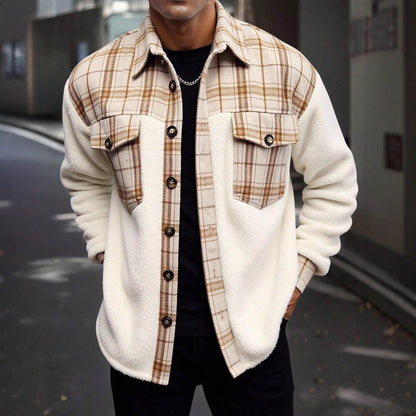 Mens Plaid Plush Patchwork Jacket Coat
