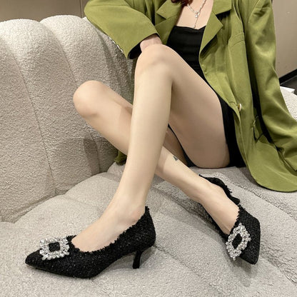 New Minimalist French Pointed Toe Pumps, Stiletto Rhinestone Women Fashion Shoes