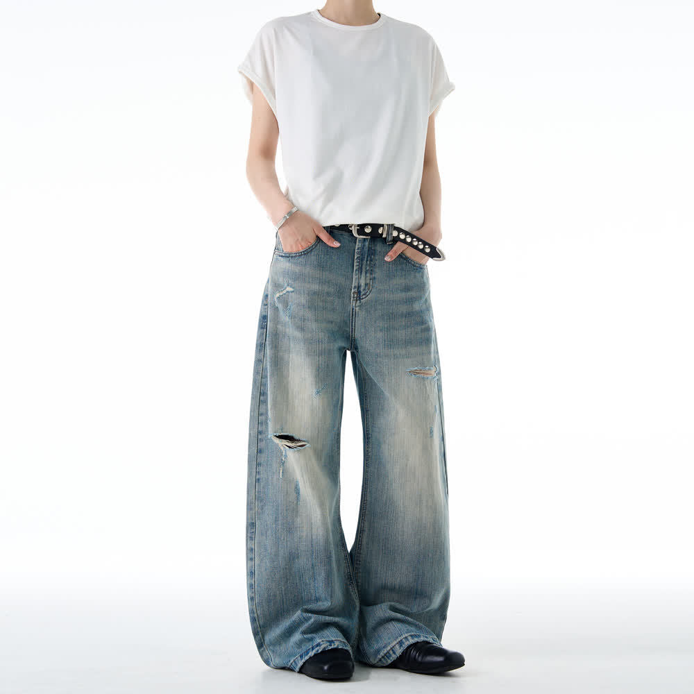 American-style Vintage Distressed Ripped Slub-textured Bootcut Jeans