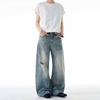 American-style Vintage Distressed Ripped Slub-textured Bootcut Jeans