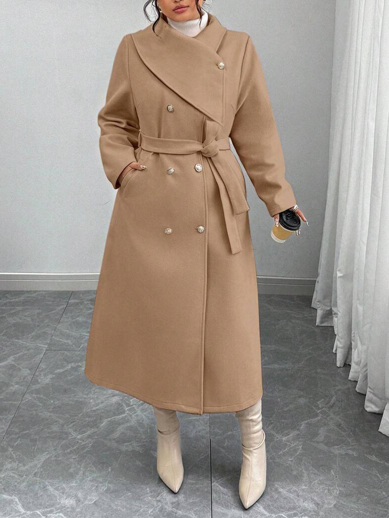 New Winter Womens Double-breasted Wool Coat With An Asymmetrical Collar