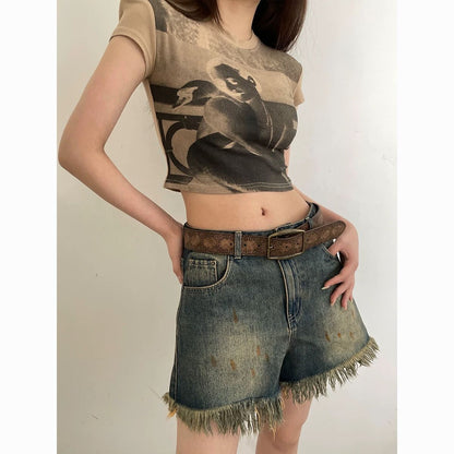 American-style Vintage Embossed Distressed Leather Belt With A Bronze Buckle, Versatile For Jeans
