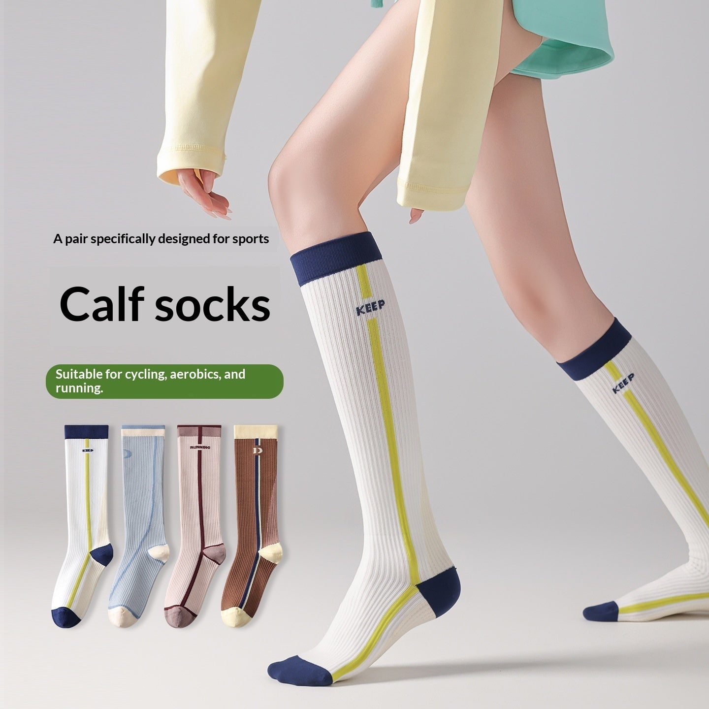 Womens Gradient-compression Calf Socks With Color-block Stripes