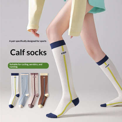 Womens Gradient-compression Calf Socks With Color-block Stripes