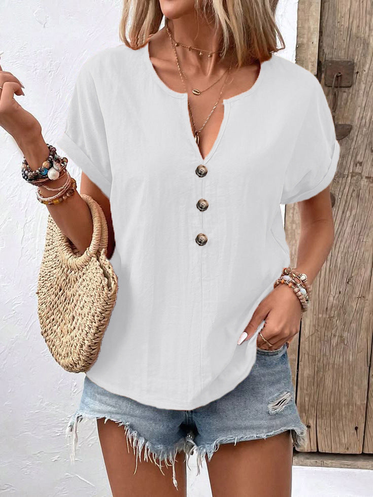 2026 Summer New European And American Women's Button V-neck Short Sleeved T-shirt Top For Women