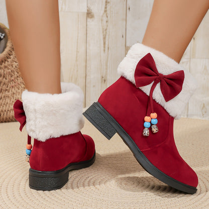 Winter Snow Boots Womens New Arrival In Stock Thick Sole Bow Round Toe Mid Calf Thickened Faux Plush Suede Cotton Shoes