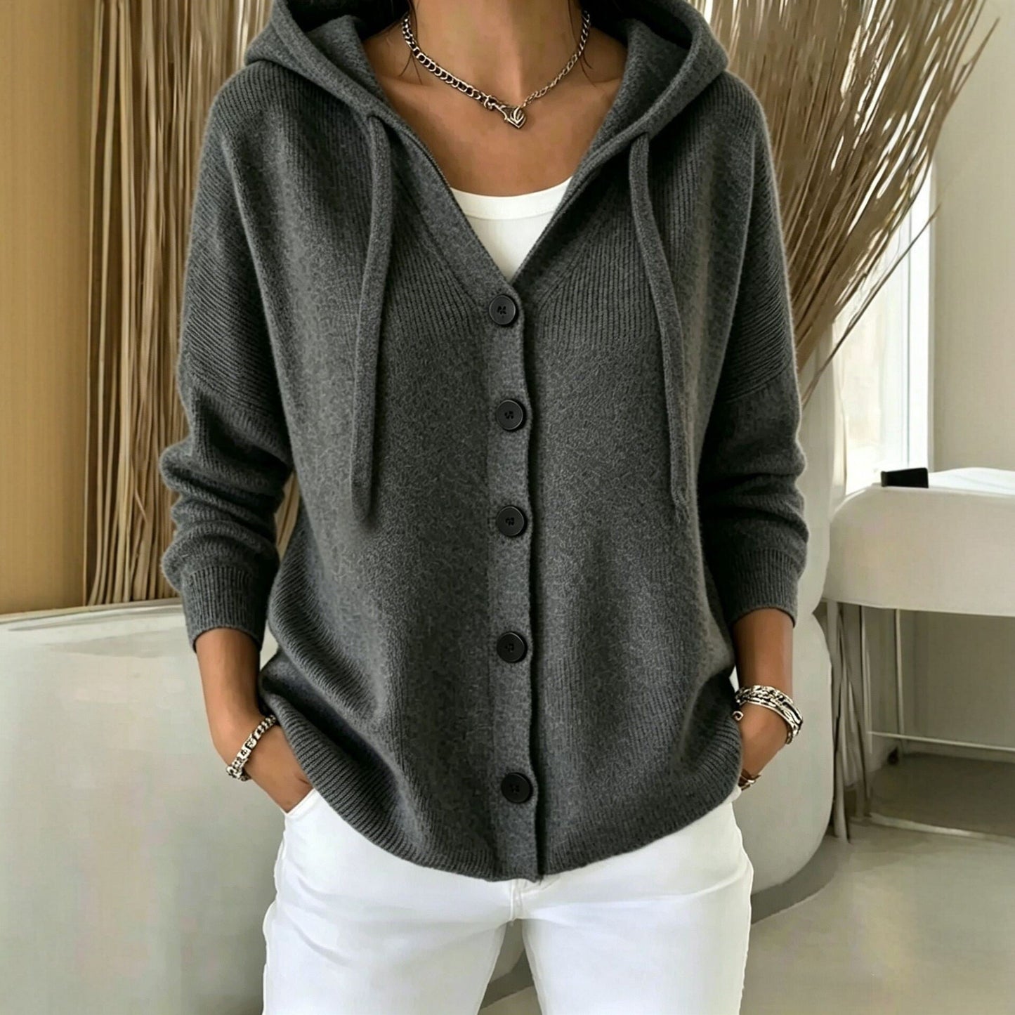 Womens European And American-style Autumnwinter New Hooded Knit Cardigan