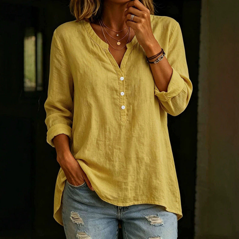 Womens Solid-Color Casual Loose-Fit Button-Up Shirt