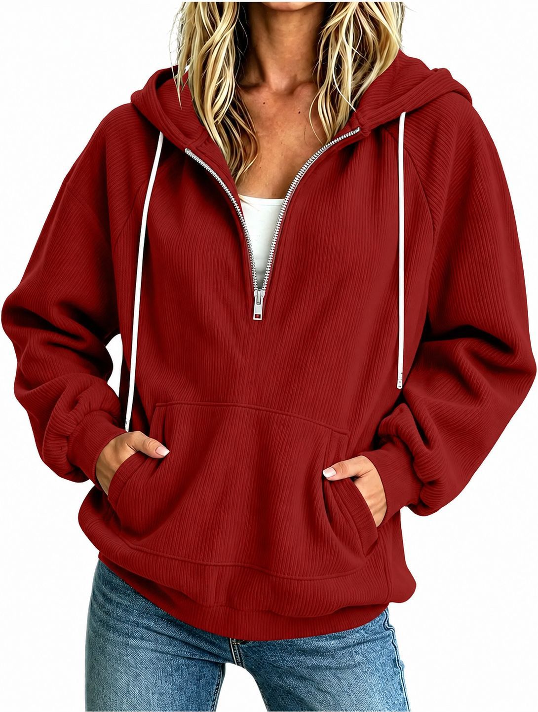 2026 Autumn New European And American Women's Half Zipper Hoodie Loose Long Sleeve Drawstring Casual Top