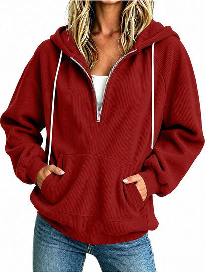 2026 Autumn New European And American Women's Half Zipper Hoodie Loose Long Sleeve Drawstring Casual Top