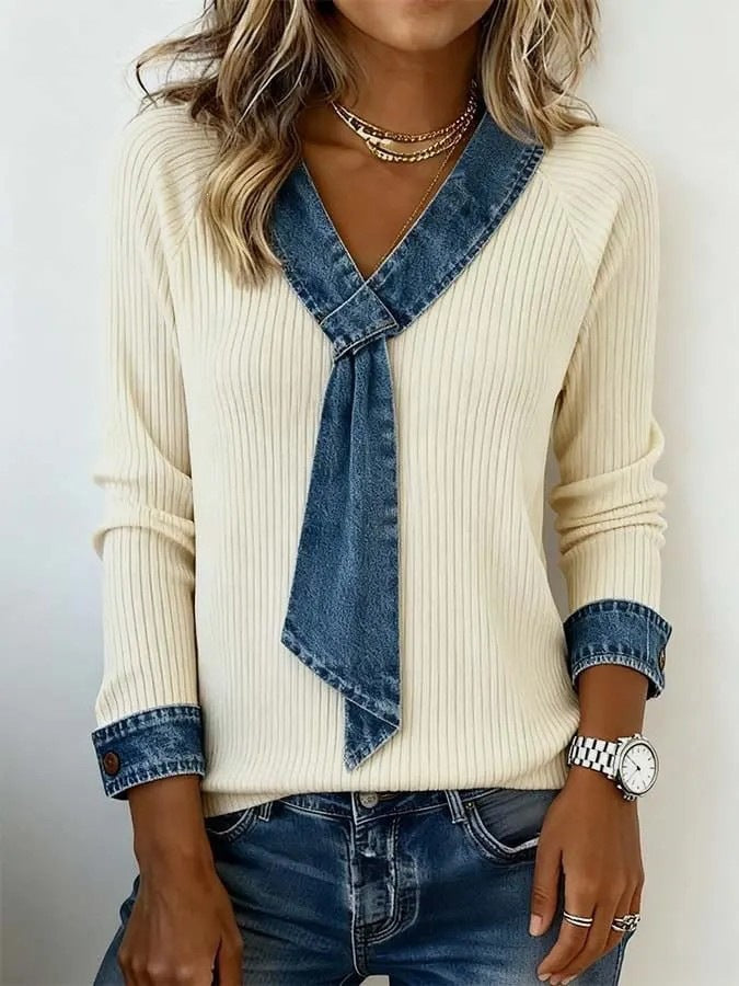 Womens Rib-knit Mock Two-piece V-neck Long-sleeve Top