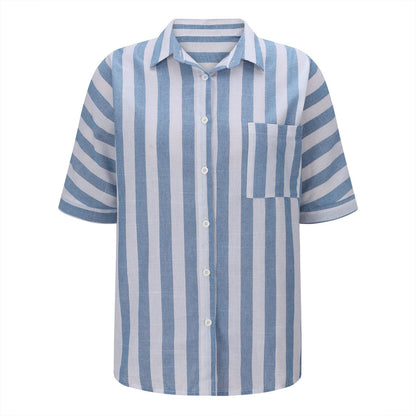 Striped Short Sleeve Lapel Casual Button Pocket Cardigan Short Sleeve Shirt