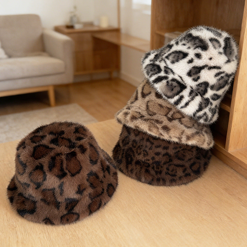 Winter And Autumn Melamine Color Leopard Print Plush Round-brimmed Fishing Hat, Soft And Fluffy Wide Brimmed, Warm And Protective Against The Cold